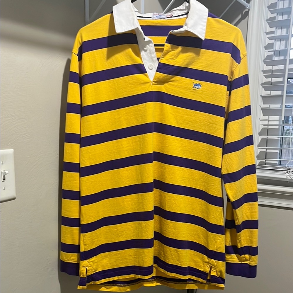 Men’s Southern Tide Yellow and Purple Striped Rugby Shirt Size Large